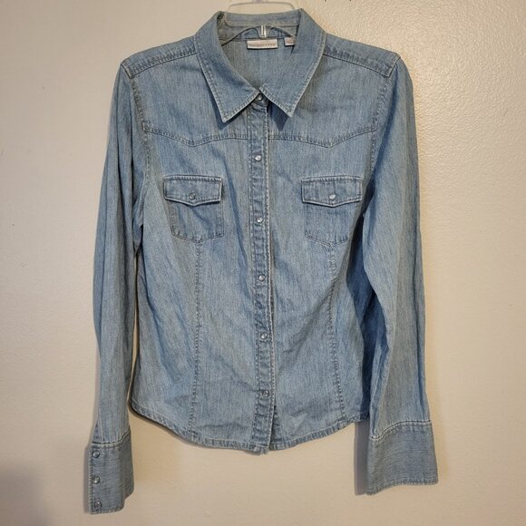 Halogen Washed Blue Jean Pearl Snap Buttons & Sleeves Shirt Blouse Large Western - Picture 1 of 7